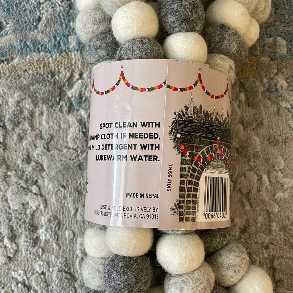 New Trader Joe’s Handcrafted Felted Wool Garland 9ft long 100% New Zealand wool
